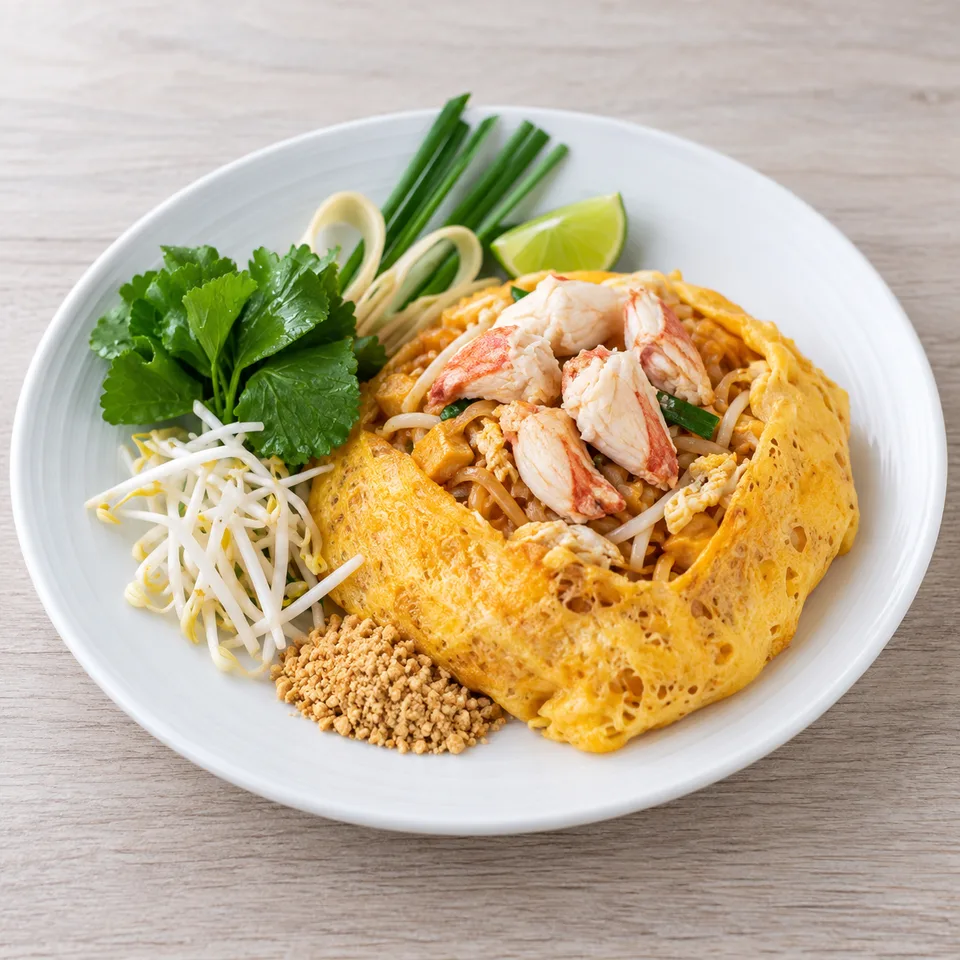 ผัดไทยเนื้อก้ามปูห่อไข่